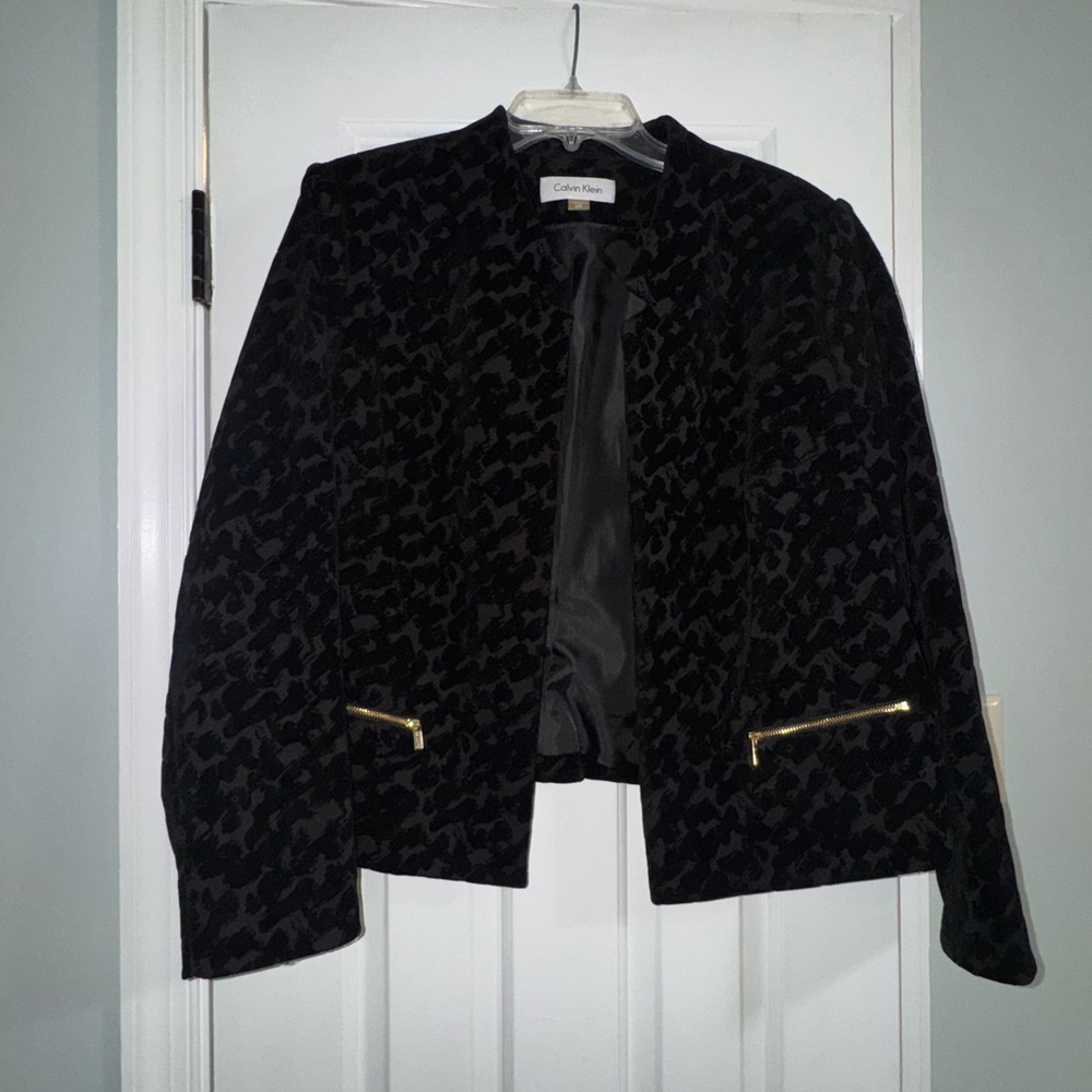 Calvin Klein Black Velvet Textured Blazer with Gold Zippers
